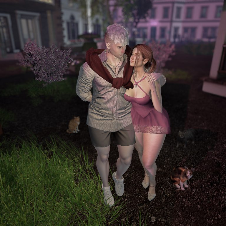 A Second Life couple walking arm in arm through a garden at dusk, surrounded by cats.