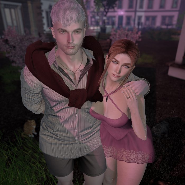 Close-up of a loving Second Life couple posing together with soft lighting.