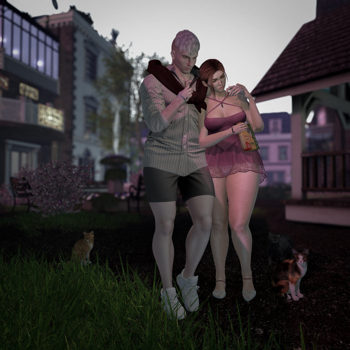 Couple smiling while feeding snacks to local street cats in Second Life.