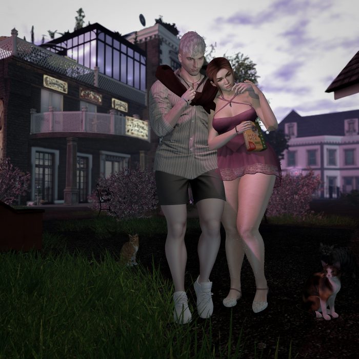 Second Life couple strolling past quaint homes and storefronts with cats in the grass.