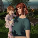 A red-haired woman in a green dress lovingly holds her daughter Liv, who is drinking from a bottle, surrounded by lush greenery in Cats Hollow.