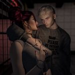 Intimate close-up, man gazing at woman while holding her protectively.