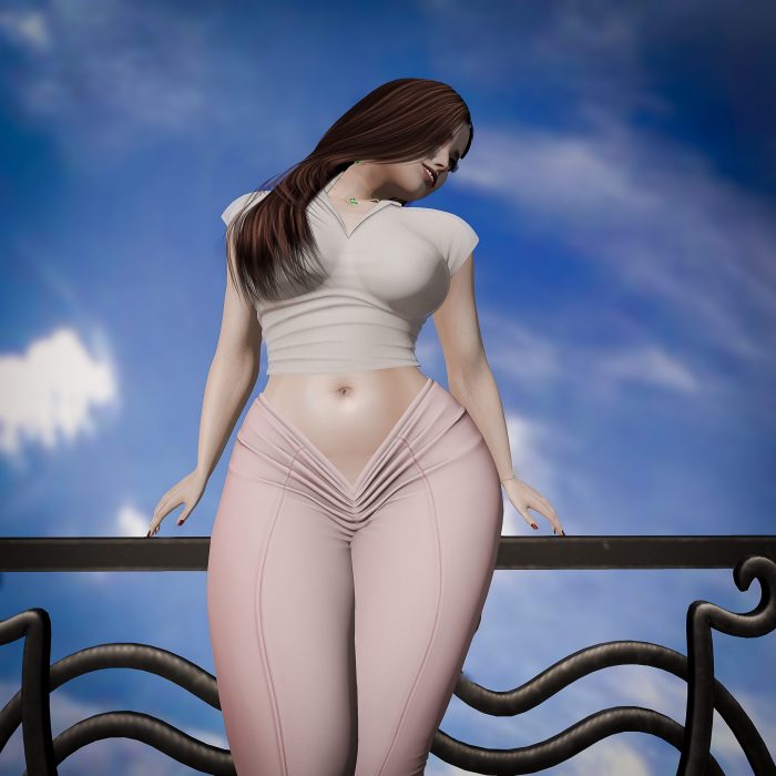 SL female avatar leaning forward on a railing, looking down with a soft smile under a clear sky.