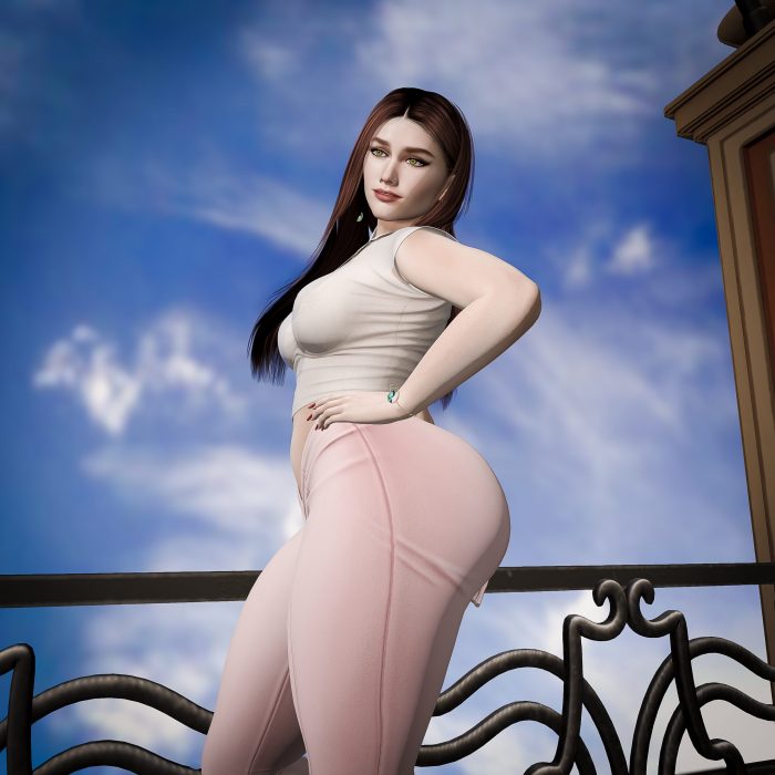 Confident Second Life avatar posing with hand on hip, sky and clouds as the backdrop.