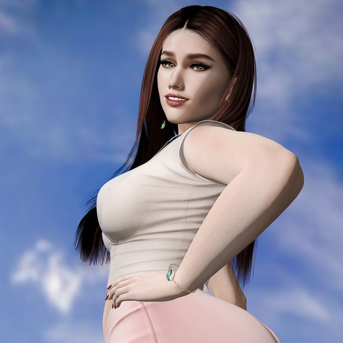 Close up confident pose from the avatar looking over her shoulder, sky beautifully lit.