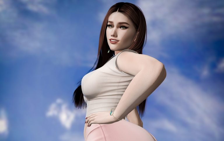 Close up confident pose from the avatar looking over her shoulder, sky beautifully lit.