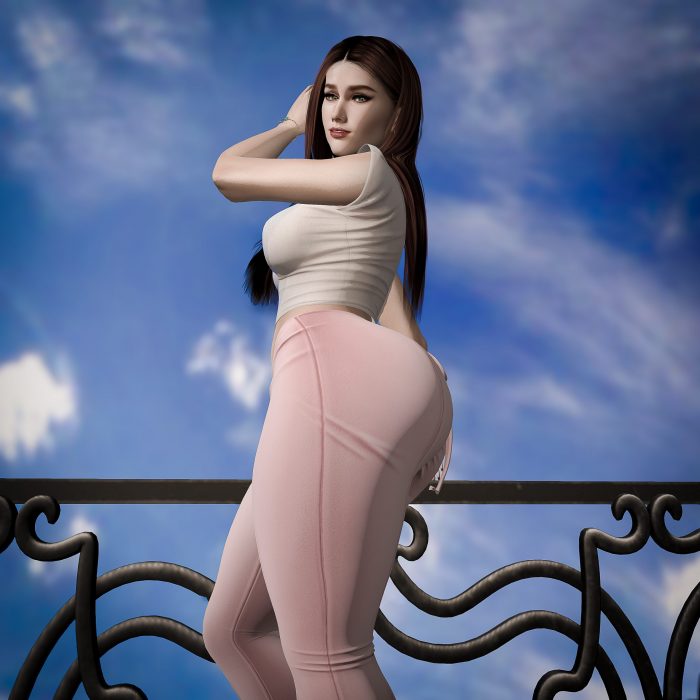 Female avatar posing with arm raised and eyes focused on the horizon.