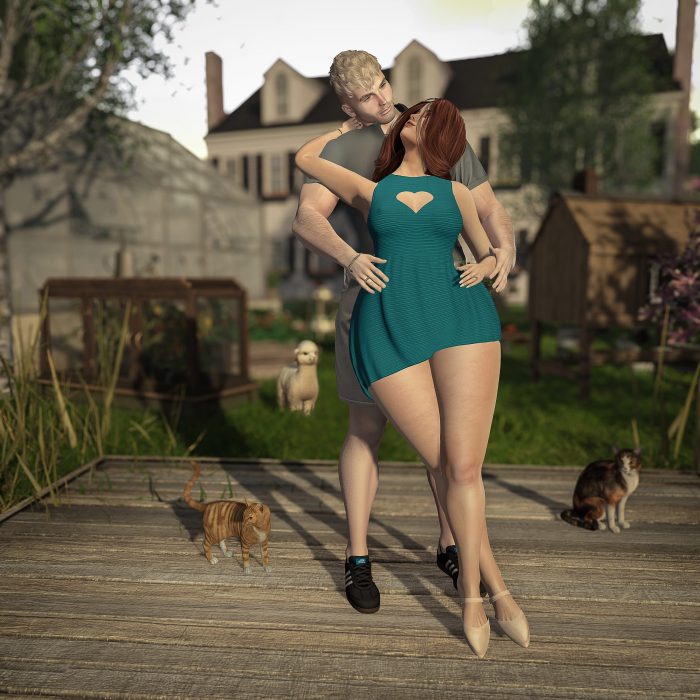 A couple dances on their wooden deck, surrounded by greenery, cats, and their new home in the background.