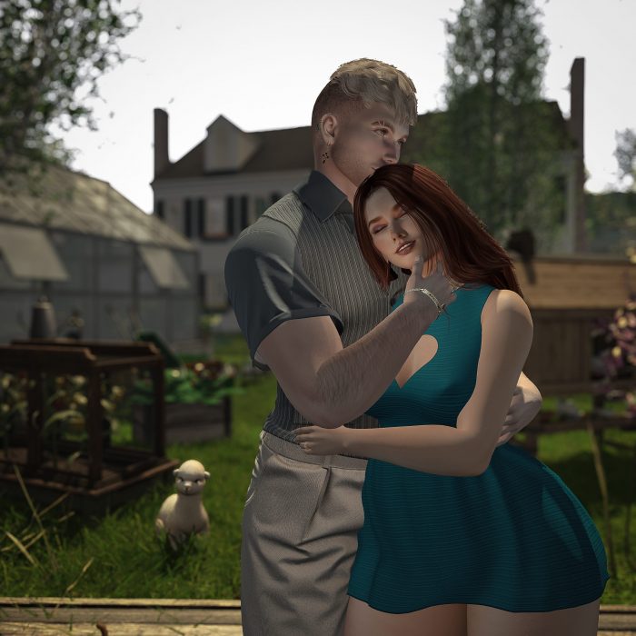 A gentle embrace between the couple as the sun sets on their first day outside their new house.