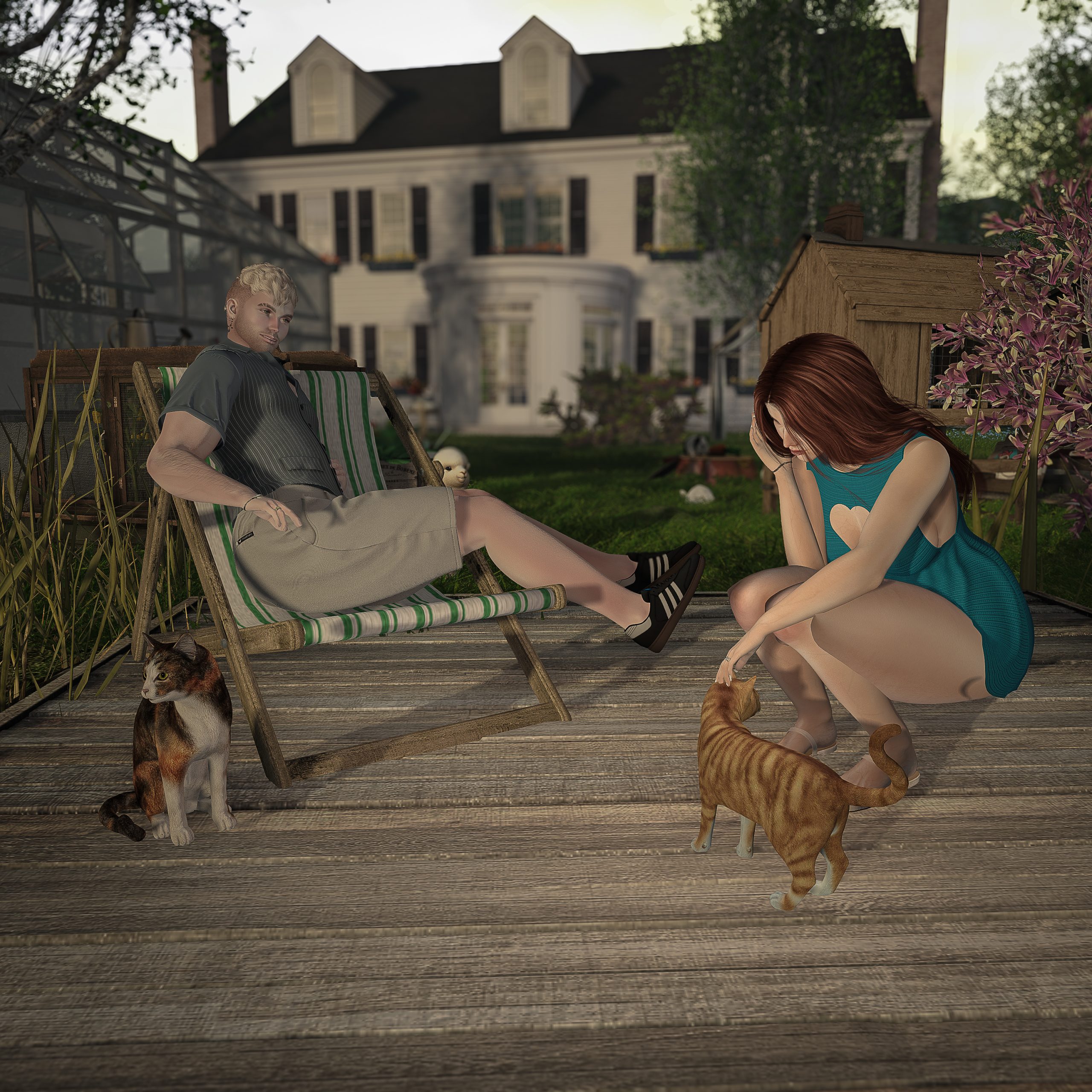 The couple enjoys a peaceful time on the deck — she kneels to pet a cat while he relaxes nearby.