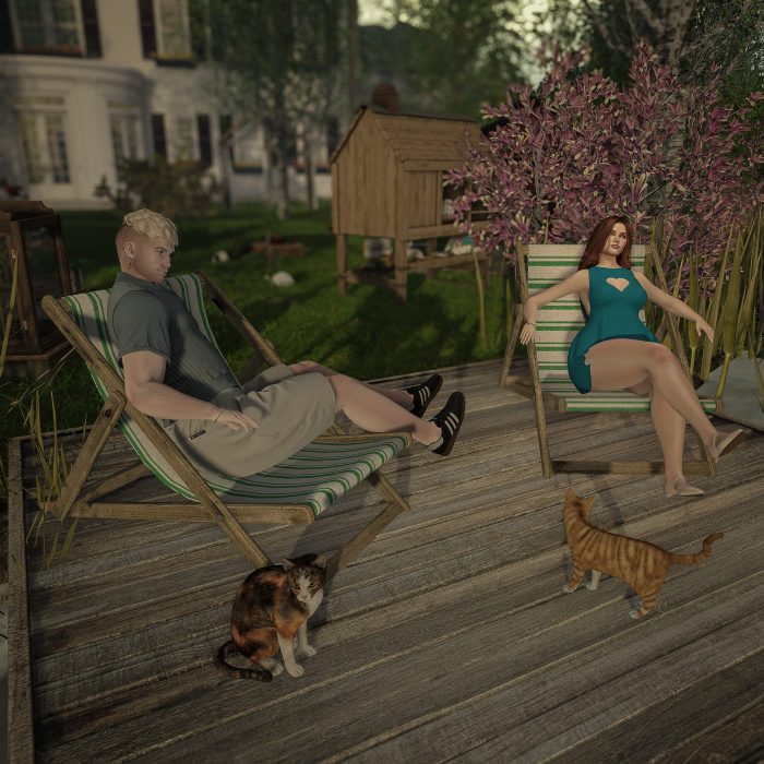 Both rest in striped deck chairs, surrounded by pets and garden — calm, content, and truly home.