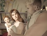 The mother gazes lovingly at her daughter as sunlight streams into the cozy nursery.