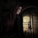 The brunette looks over her shoulder with suspicion, while the blonde woman appears blurred in the background behind a lit gate.