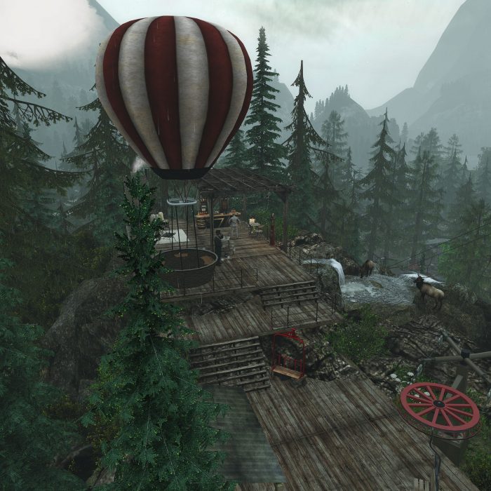 A panoramic view of a wooden mountaintop platform with a striped hot air balloon and gondola in Cerulean