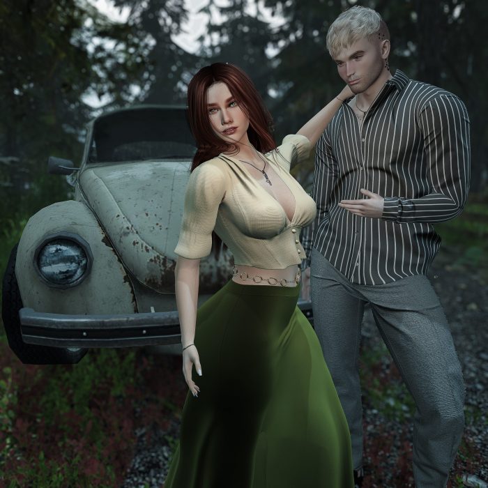 The same couple stands close together, the woman in a green skirt, leaning against the car