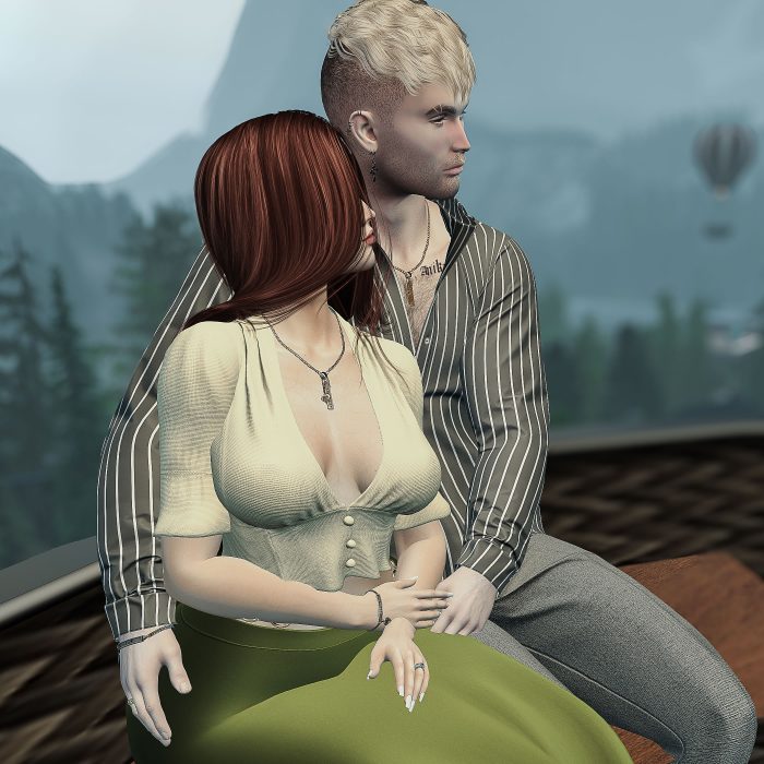 he couple sits in the hotair ballon gondola with his arm around her