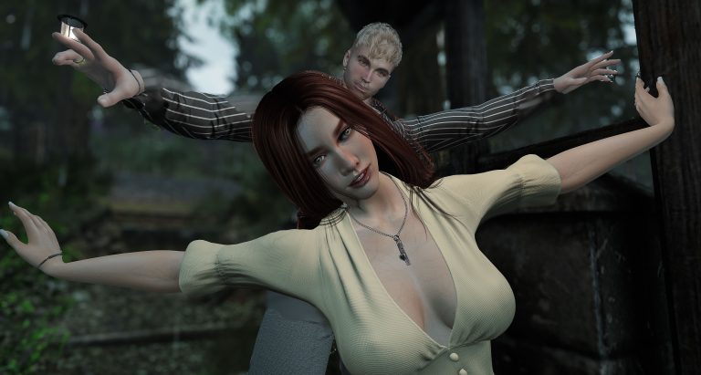 Close up of the couple mimicking the “Titanic” pose playfully, arms spread out wide in the forest