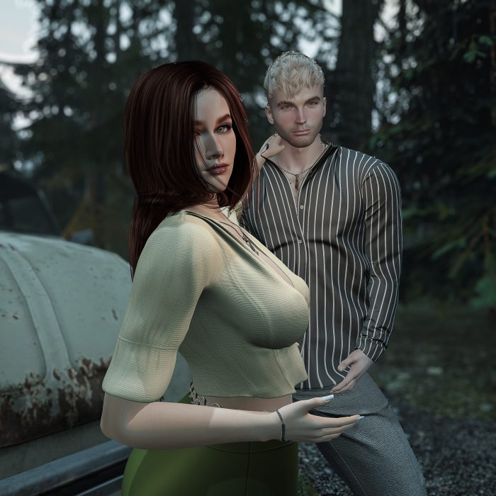 A close-up of the couple with the car in the background, both looking into the distance