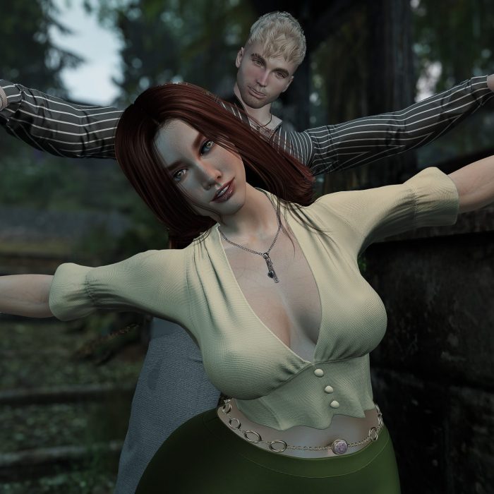 The couple mimicking the “Titanic” pose playfully, arms spread out wide in the forest