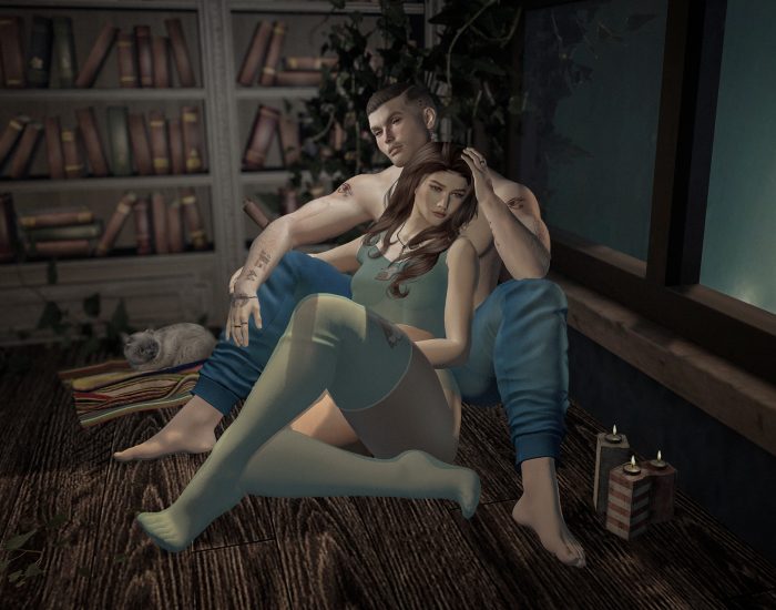 Romantic Second Life couple in soft candlelight, holding each other as late summer turns into autumn.