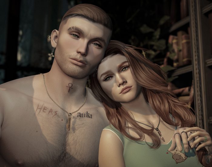 Close-up of two avatars sharing a quiet, tender moment, autumn mood and love captured in Second Life photography.