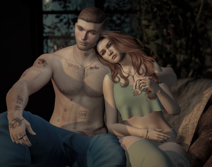 Second Life couple leaning into each other as daylight fades, symbolizing the passage from summer to fall.