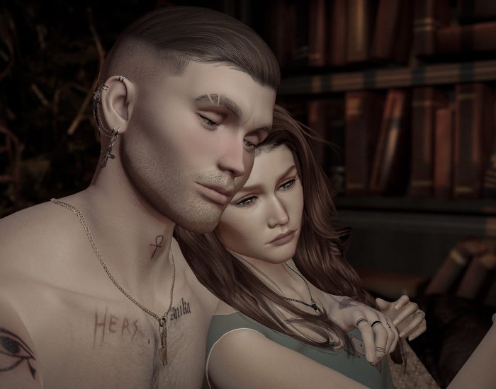 Two avatars in a tender pose, surrounded by books and soft glow, autumn romance atmosphere.