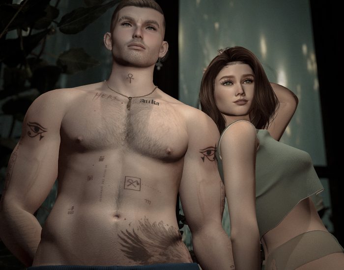 Romantic digital art image, subtle autumn tones and intimate embrace in cozy setting.