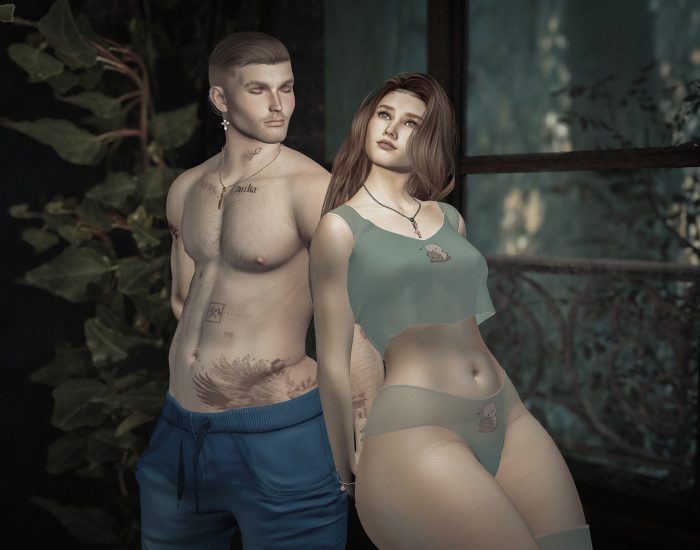 Emotional virtual photography of two avatars, autumn romance captured in intimate detail.