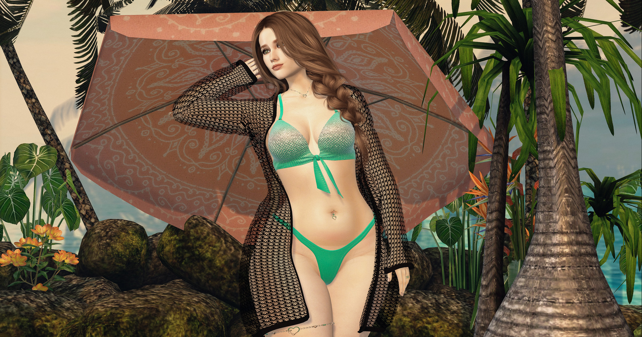 Woman standing in front of the Umbrella, wearing a bikini and a black transparent jacket