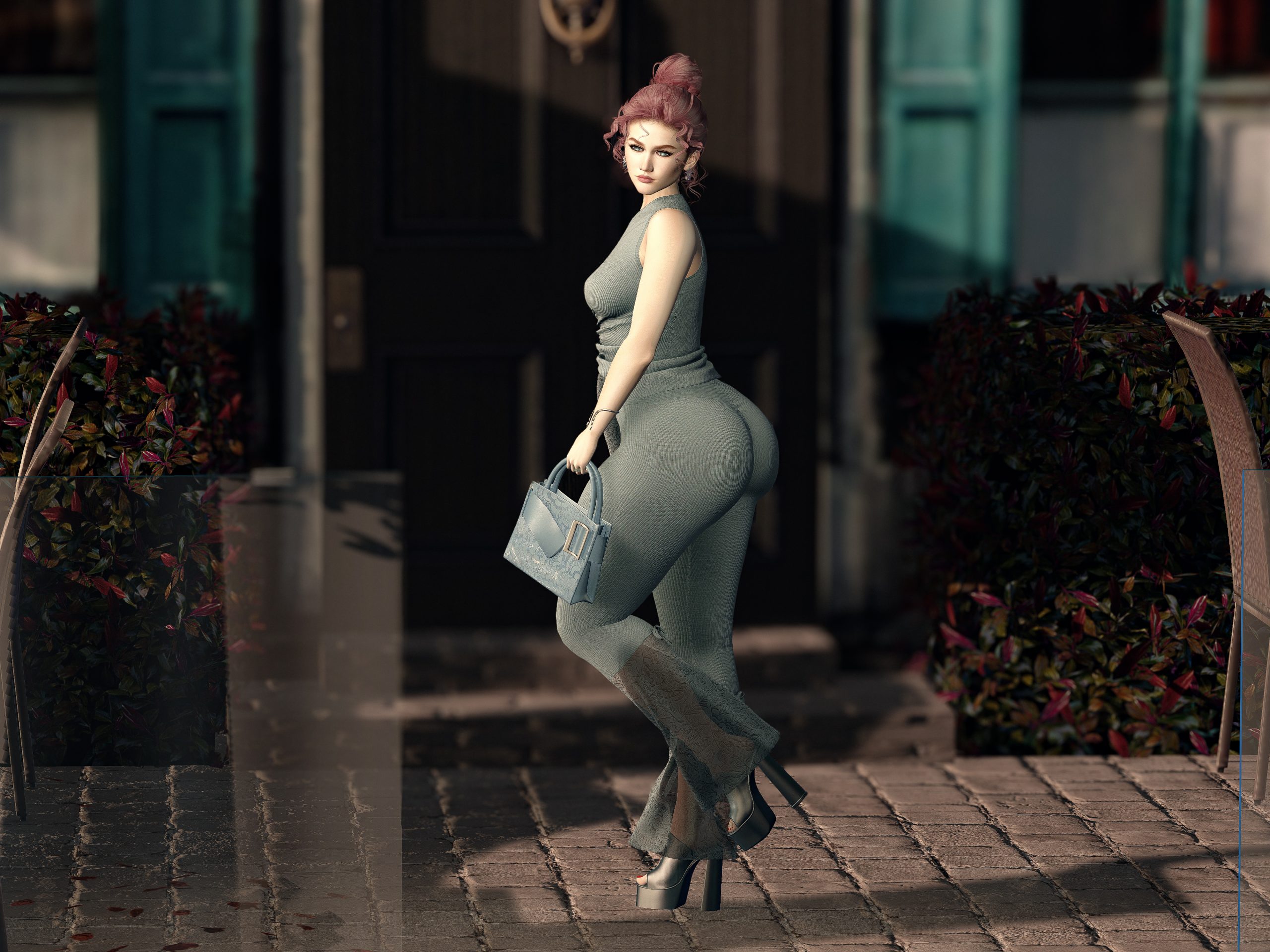 AVAgirl Autumn Set – Full Look Avatar in full-body shot wearing AVAgirl’s Autumn outfit in muted green, standing by a café tree in fall setting.