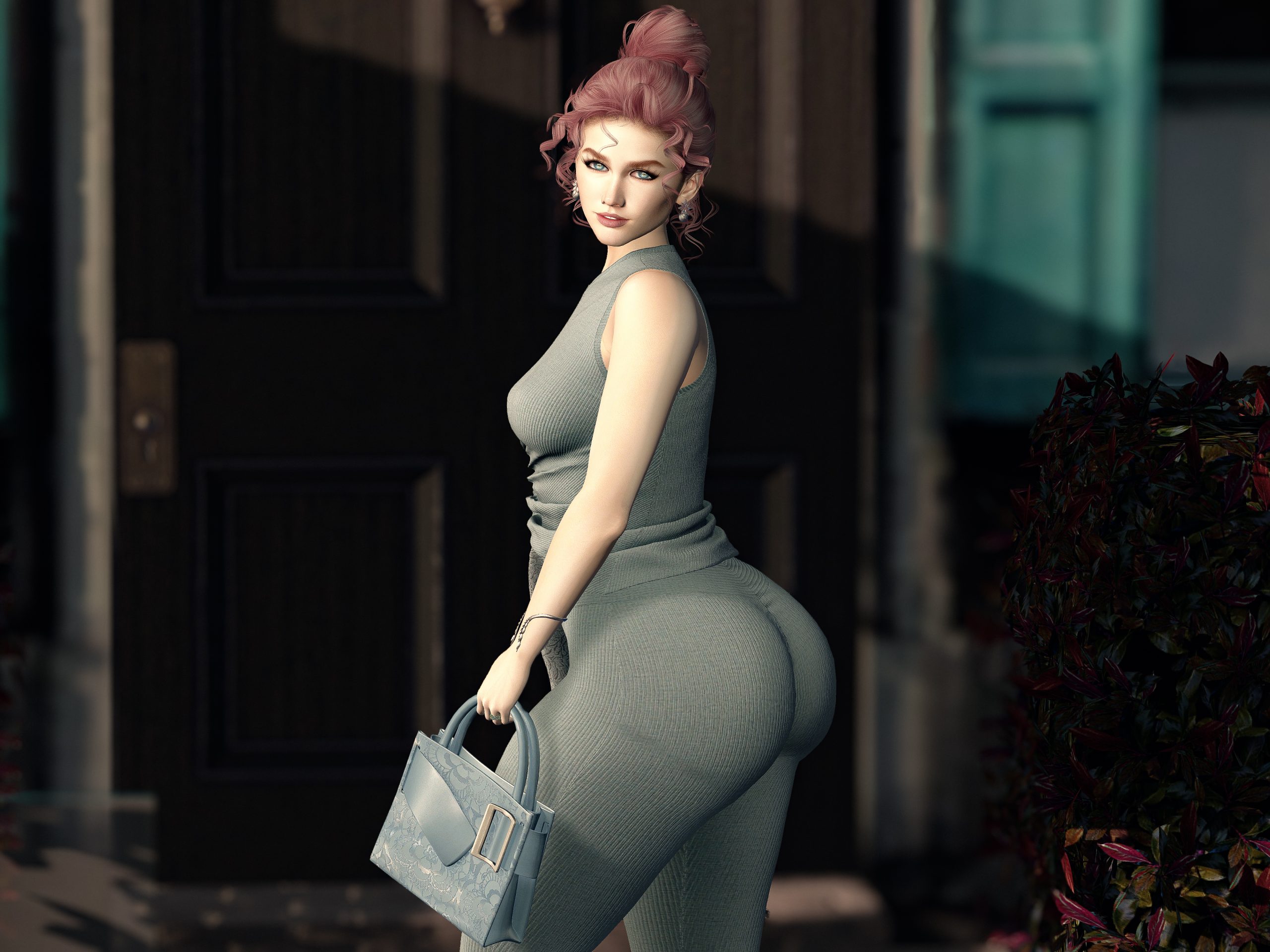 Autumn Set by AVAgirl – Side View Stylish pose showcasing the Autumn outfit’s side draping and platform heels in front of outdoor café.