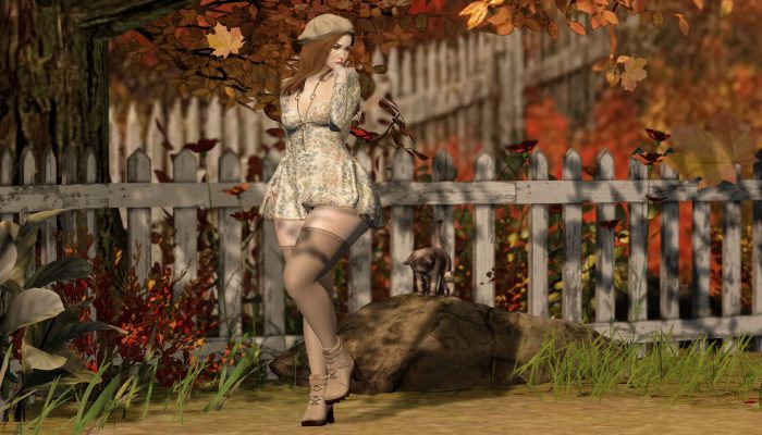 Avatar with beret and floral dress walking with a cat in fall scenery