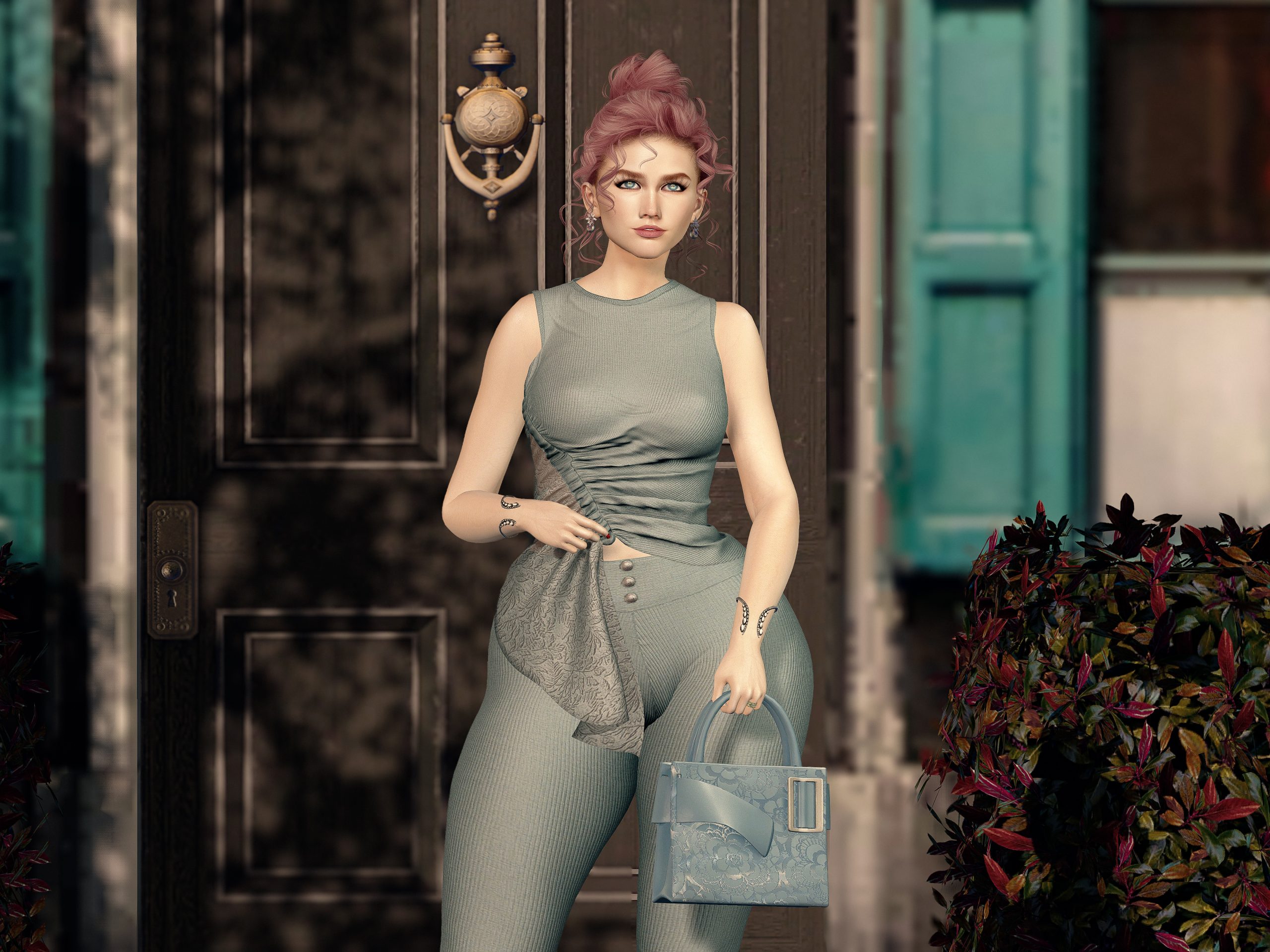 Autumn Fashion Close-Up Close-up portrait of avatar with pink hair bun and earrings, wearing Autumn top with ruched detail.