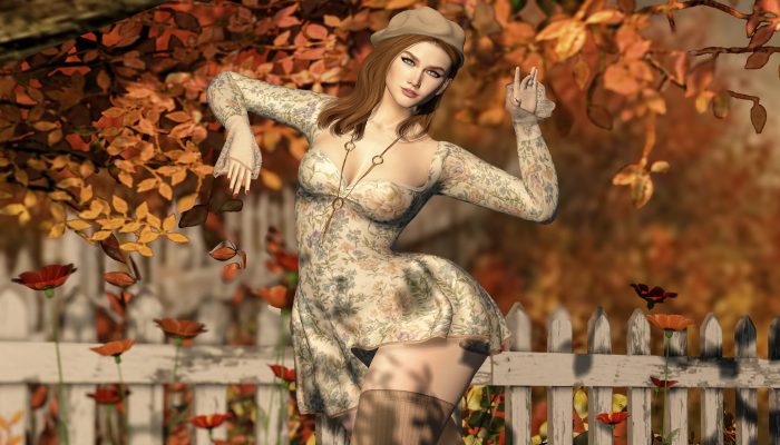 Avatar posing gracefully under orange autumn branches