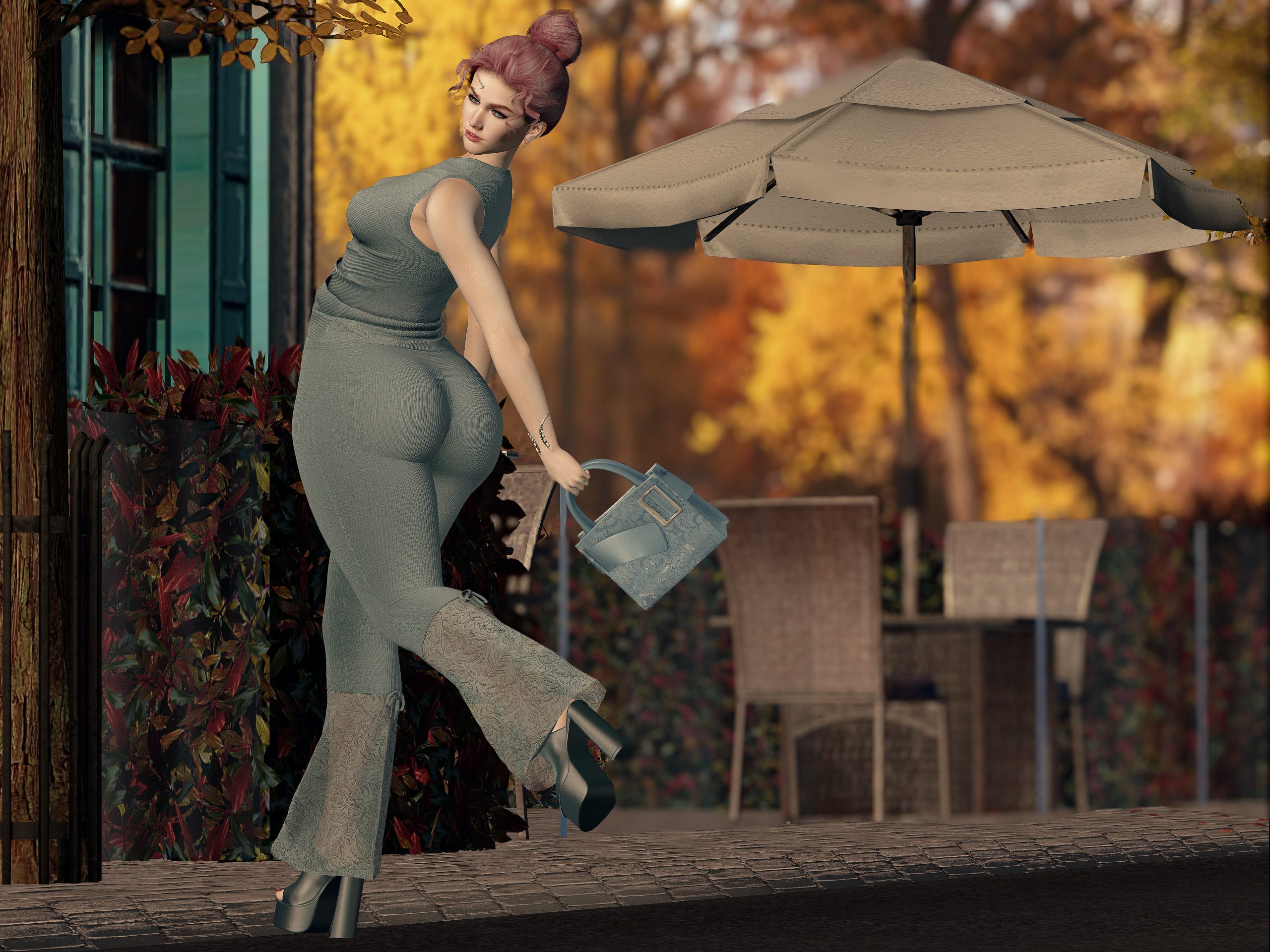 AVAgirl Autumn Outfit – Styled Details Leaning pose highlighting Autumn outfit’s layered top and bracelets, café chairs in background.