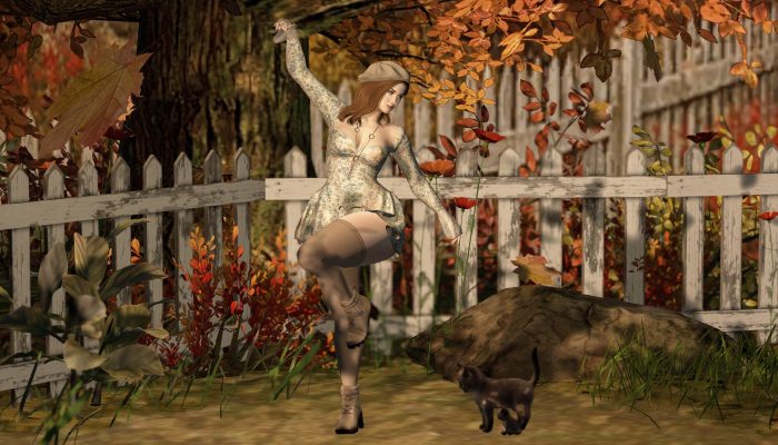 Avatar lifting her leg playfully with a kitten at her side