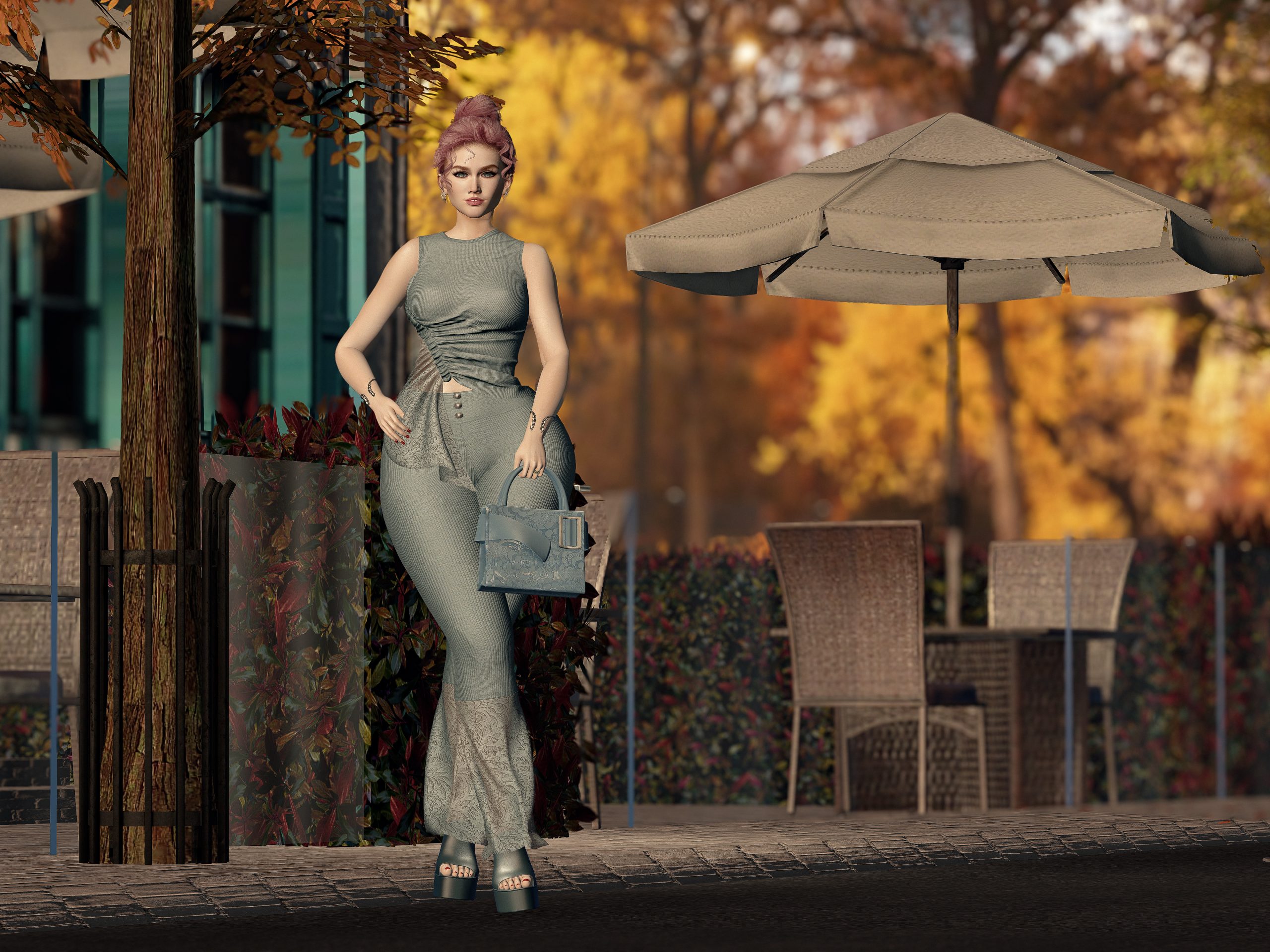 Autumn Street Style by AVAgirl Walking pose with Autumn outfit and flared pants, café terrace behind.