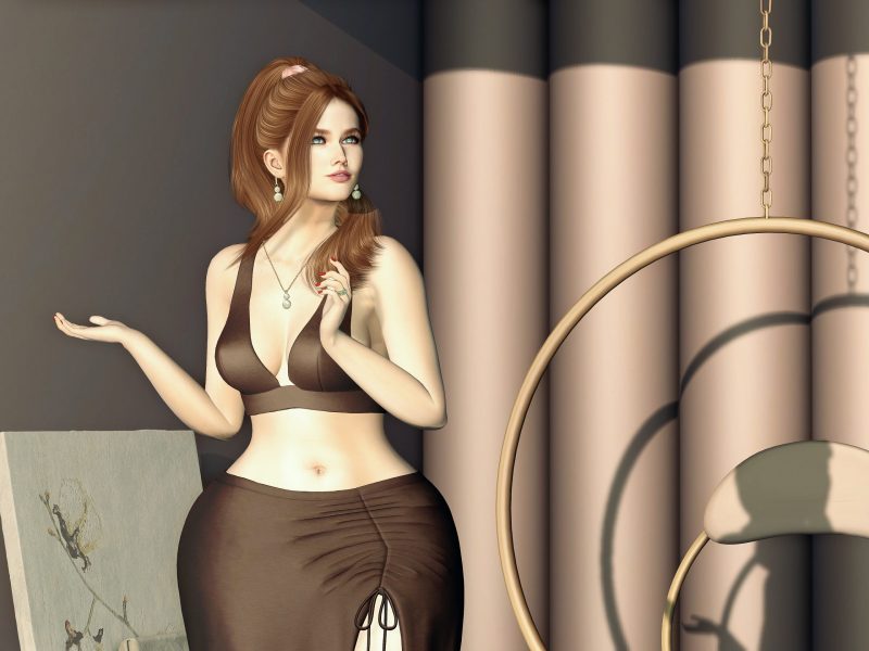 Second Life fashion model in a brown outfit, half-portrait view with playful hand gesture and soft smile.