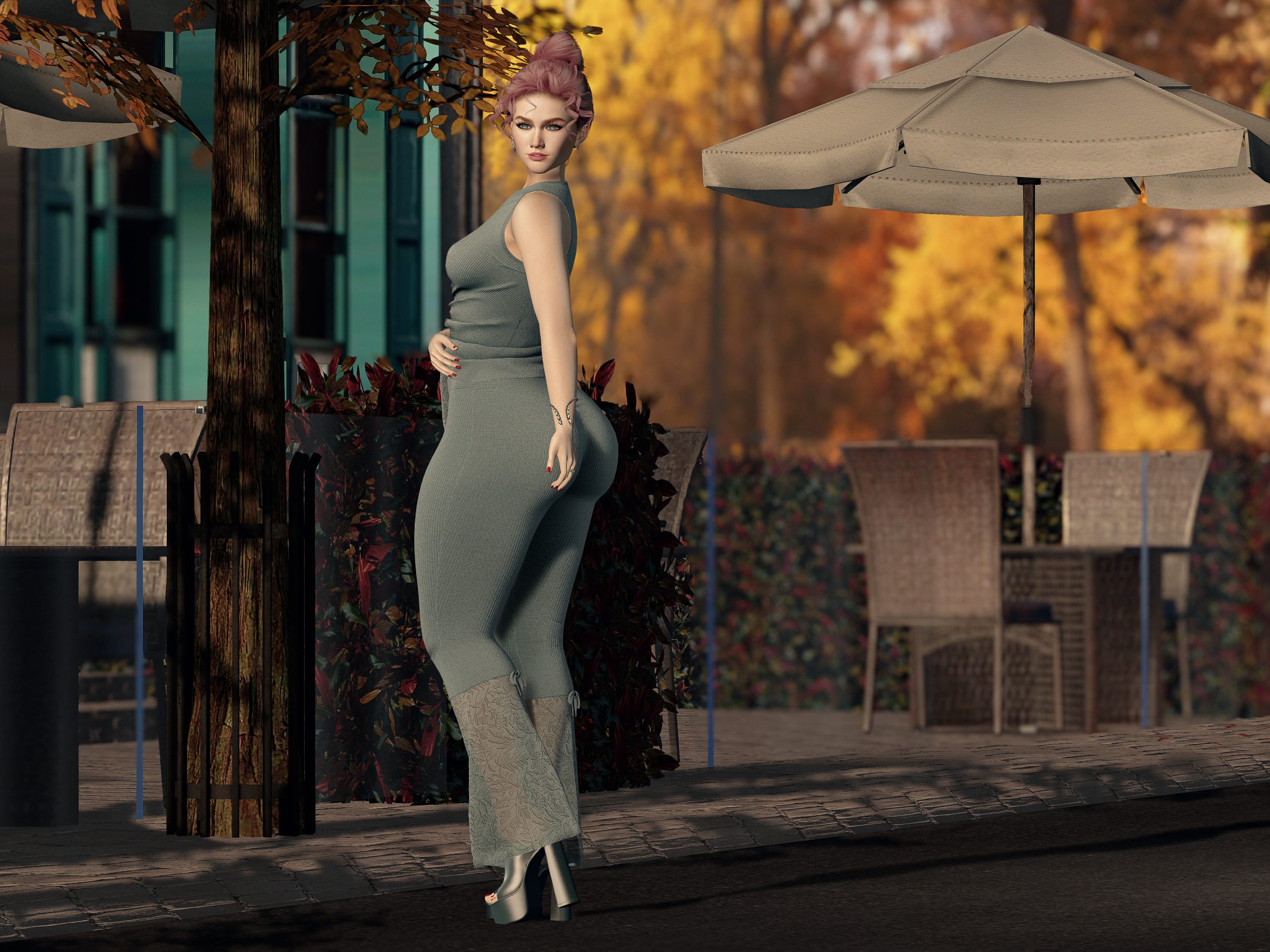AVAgirl Autumn Look in Secondlife Avatar wearing AVAgirl´s Autumn outfit, looking back at café entrance.