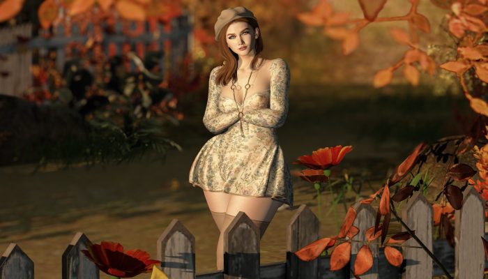 Avatar in floral dress striking a chic autumn pose