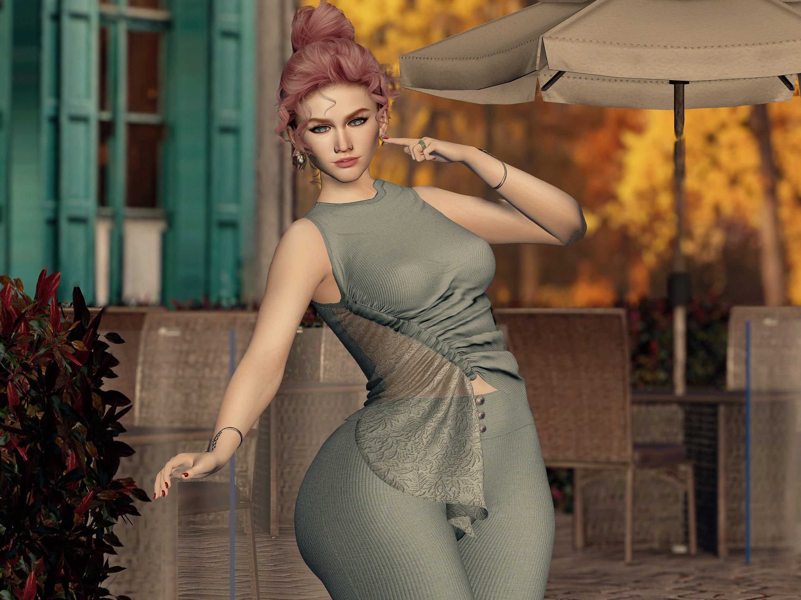 Autumn Set – Playful Elegance Playful pose, showing Autumn outfit’s flowy silhouette and sheer details.