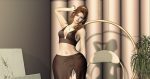 Second Life avatar in a brown crop top and ruched slit skirt, half-portrait with hand raised behind head and confident gaze.