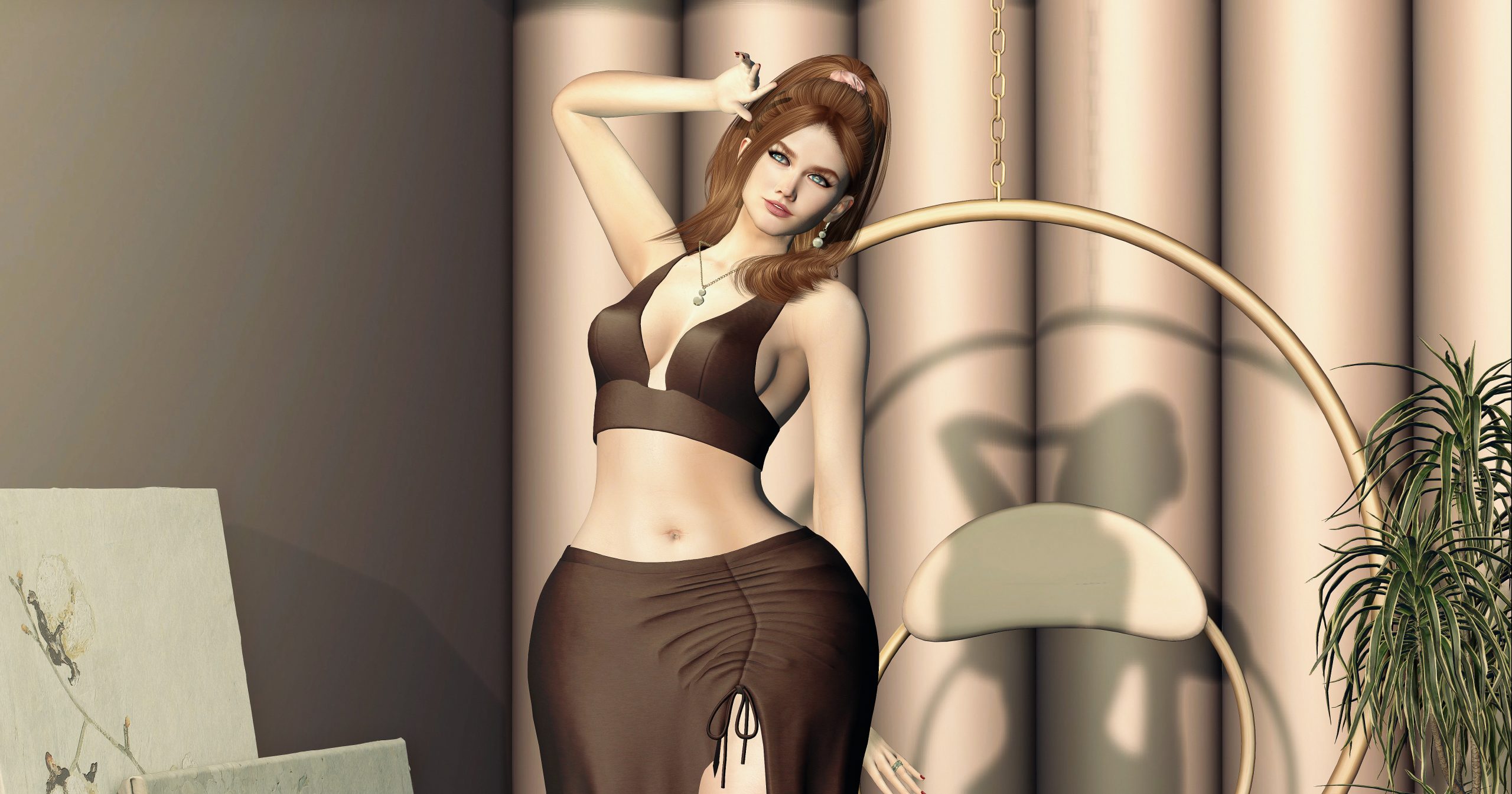Second Life avatar in a brown crop top and ruched slit skirt, half-portrait with hand raised behind head and confident gaze.