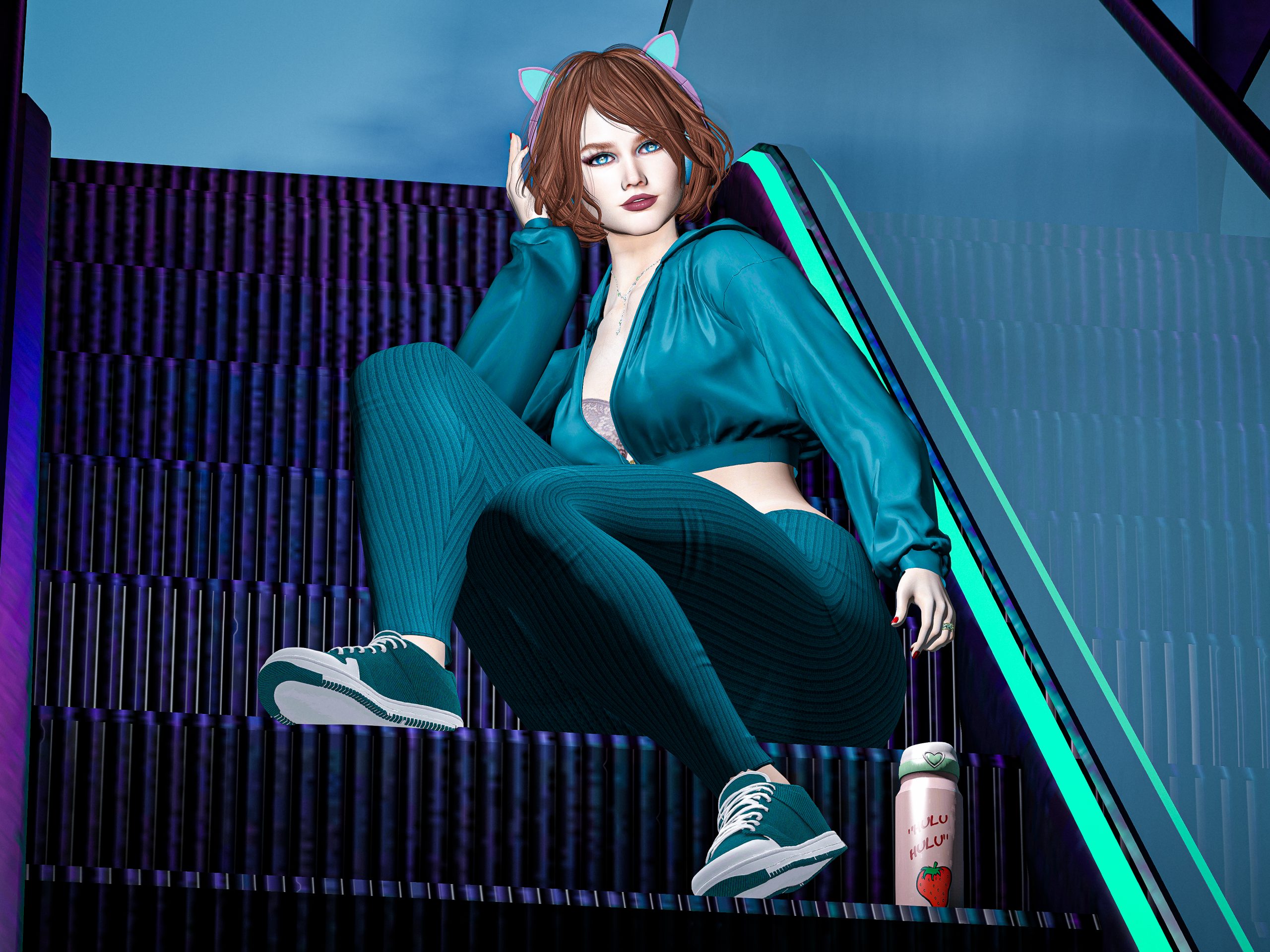 posing with drink bottle on escalator in neon-lit scene.