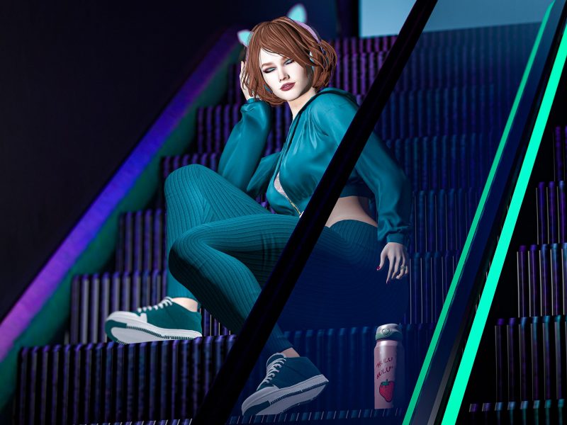 Casual neon streetwear – relaxed pose on escalator. sitting cross-legged on neon escalator in teal streetwear.