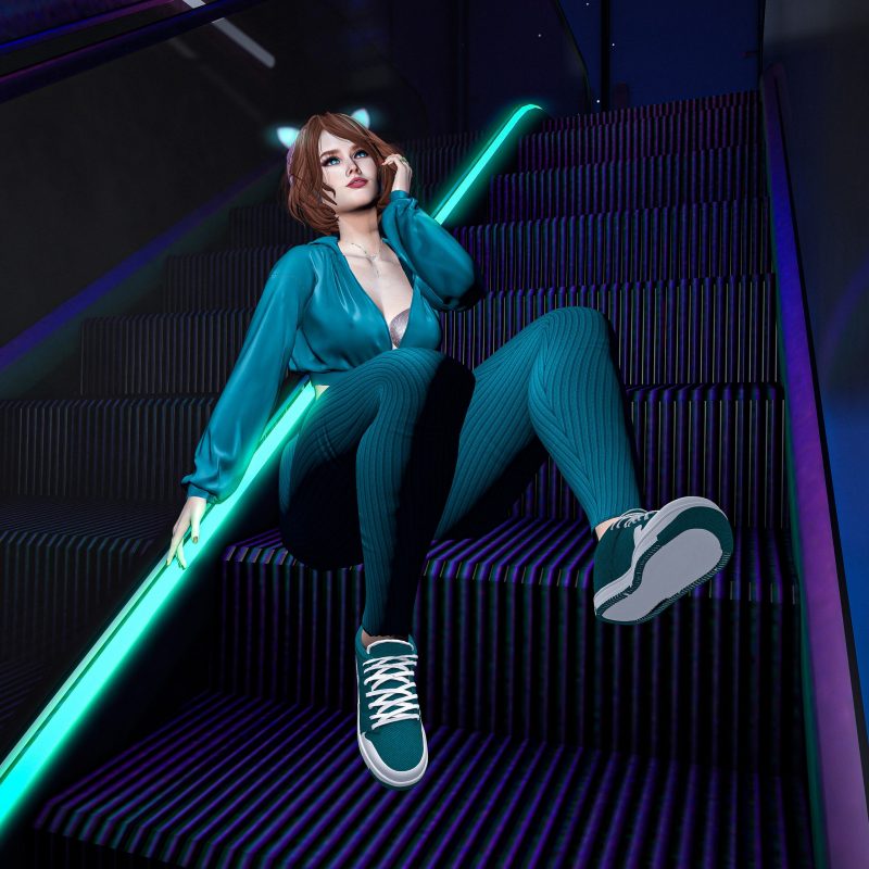 Casual streetwear – relaxed pose on escalator. sitting cross-legged on neon escalator in teal streetwear.