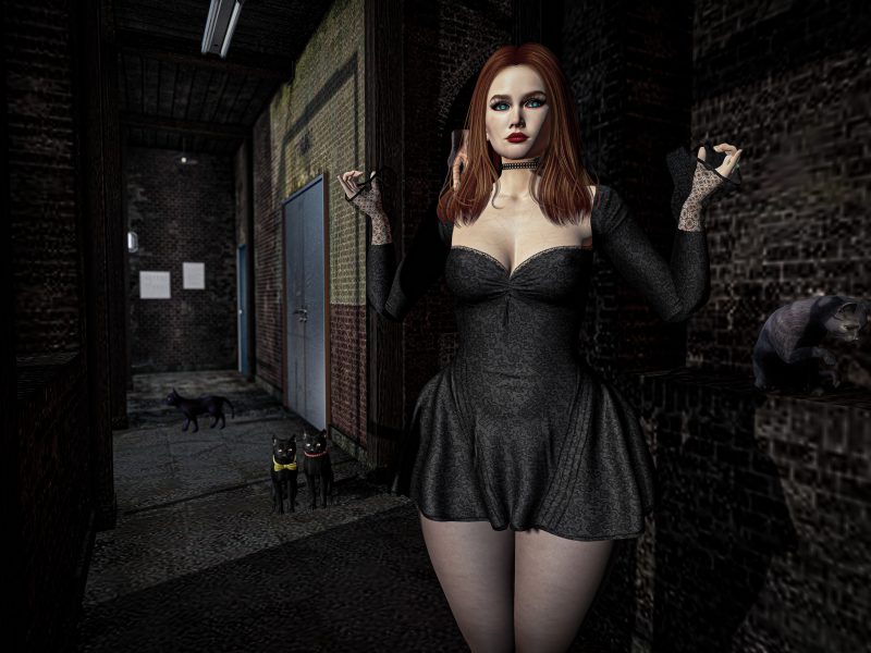 Stylish woman posing in black dress, leaning playfully in a Second Life alley