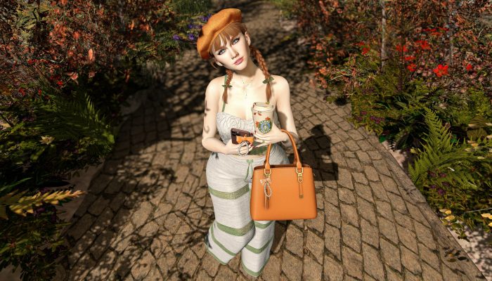 Alt: Close-up of woman holding coffee and smartphone, orange handbag visible, autumn leaves around.