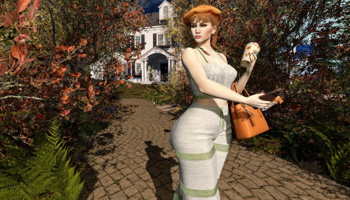 Woman walking down cobblestone path with latte and handbag, autumn colors in background.